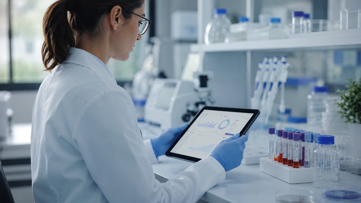 Una cientifica trabajando con cuidado en un laboratorio moderno