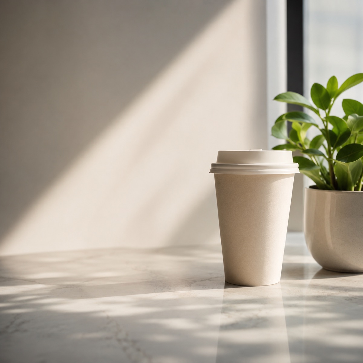 Naturaleza muerta minimalista con una planta y una taza bajo luz natural